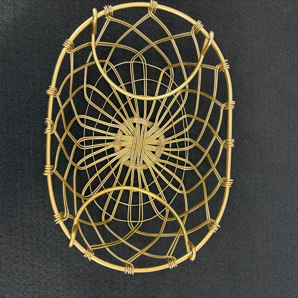 Gold Tone Woven Metal Wire Oval Decorative Basket Catchall Brass Lattice Handles